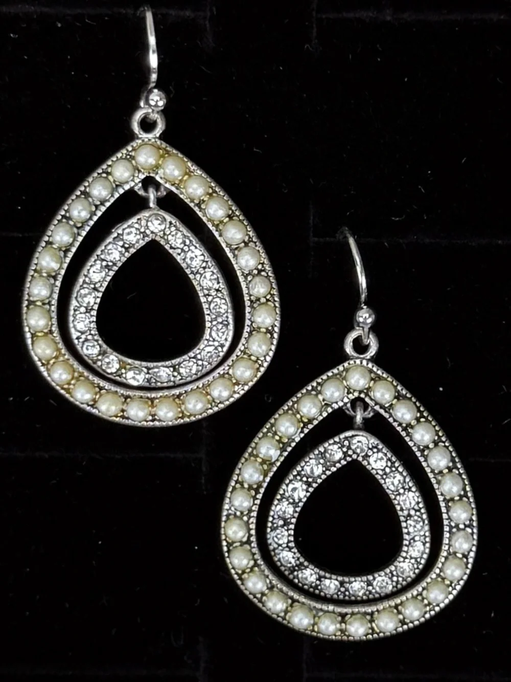 Vintage Silvertone, clear stone, faux pearl pierced earrings